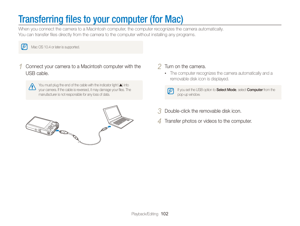 Transferring files to your computer (for mac), Transferring ﬁles to your computer (for mac), Transferring ﬁles to your computer | For mac) | Samsung EC-TL350ZBPBUS User Manual | Page 103 / 133