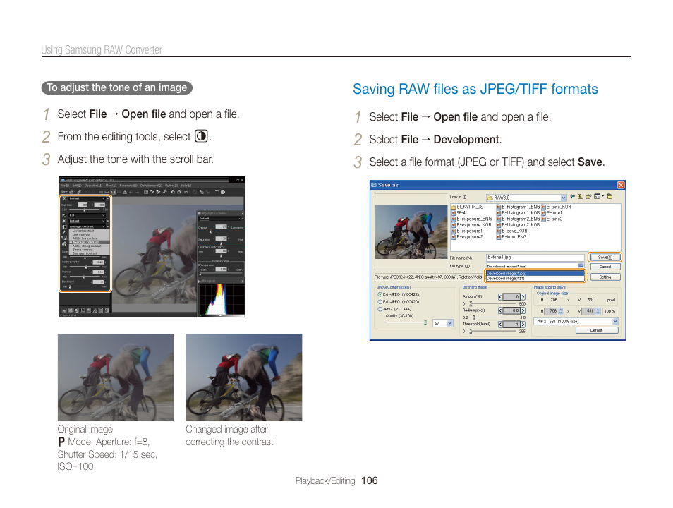 Saving raw files as jpeg/tiff formats, Saving raw ﬁles as jpeg/tiff formats, Saving raw ﬁles as jpeg/tiff formats … 106 | Samsung EC-TL350ZBPBUS User Manual | Page 107 / 133