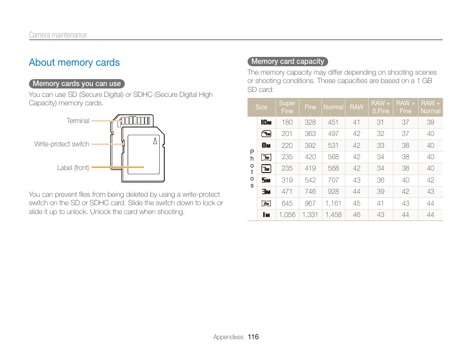 About memory cards, About memory cards …………………………………… 116 | Samsung EC-TL350ZBPBUS User Manual | Page 117 / 133