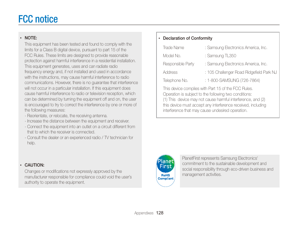 Fcc notice | Samsung EC-TL350ZBPBUS User Manual | Page 129 / 133