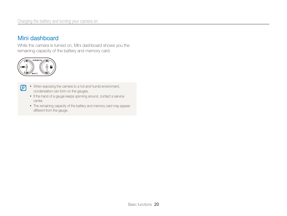 Mini dashboard, Mini dashboard ………………………………………… 20 | Samsung EC-TL350ZBPBUS User Manual | Page 21 / 133