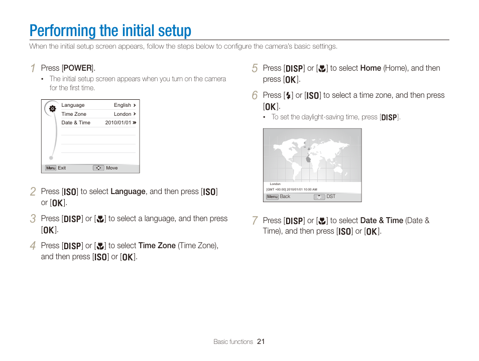 Performing the initial setup | Samsung EC-TL350ZBPBUS User Manual | Page 22 / 133