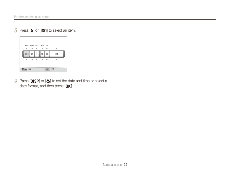 Performing the initial setup, Press [ f] or [i] to select an item | Samsung EC-TL350ZBPBUS User Manual | Page 23 / 133