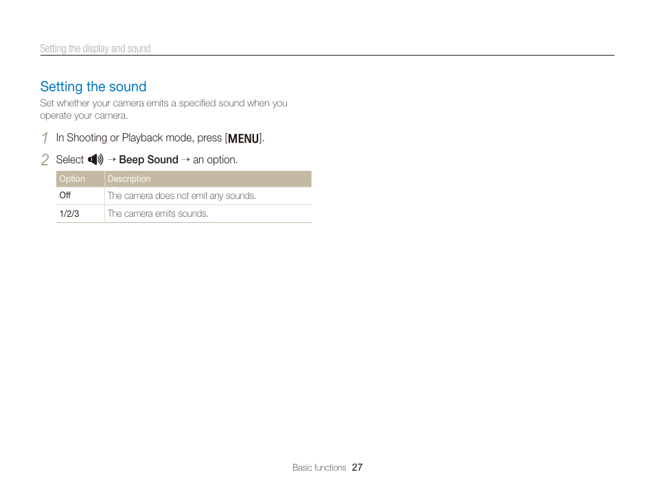 Setting the sound, Setting the sound ……………………………………… 27 | Samsung EC-TL350ZBPBUS User Manual | Page 28 / 133