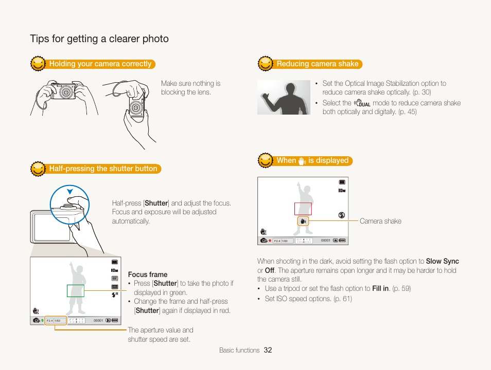 Tips for getting a clearer photo | Samsung EC-TL350ZBPBUS User Manual | Page 33 / 133