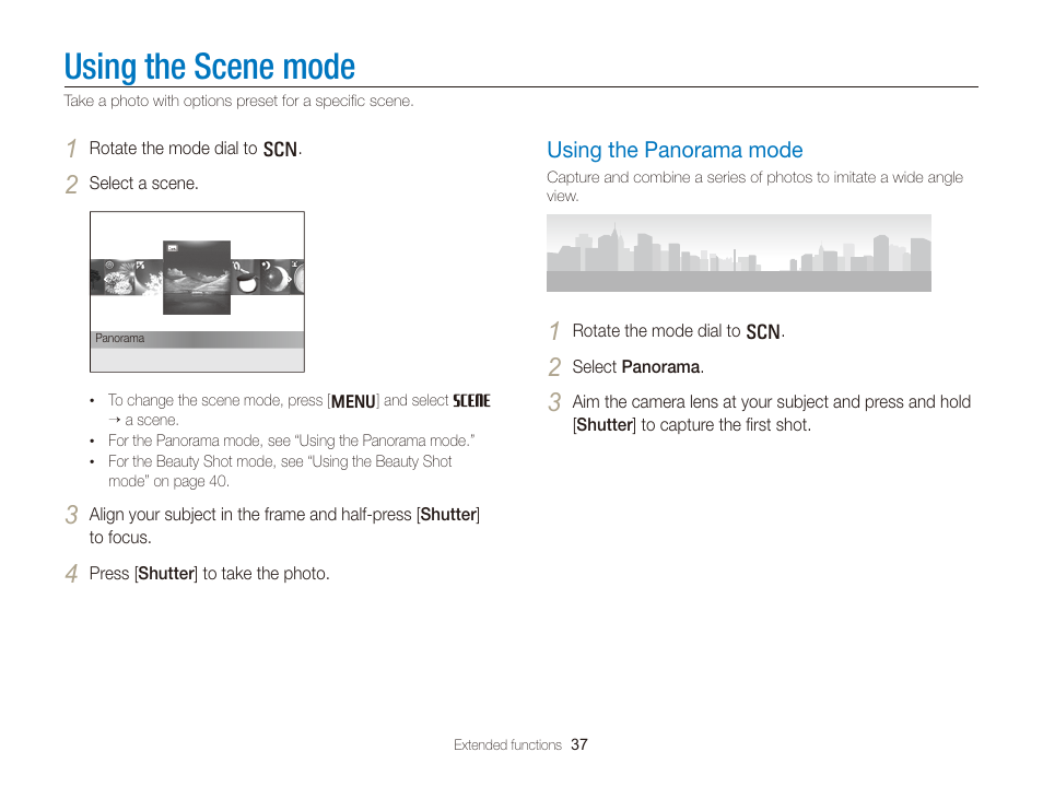 Using the scene mode, Using the panorama mode, Mode. (p. 37) | Using the panorama mode …………………………… 37 | Samsung EC-TL350ZBPBUS User Manual | Page 38 / 133