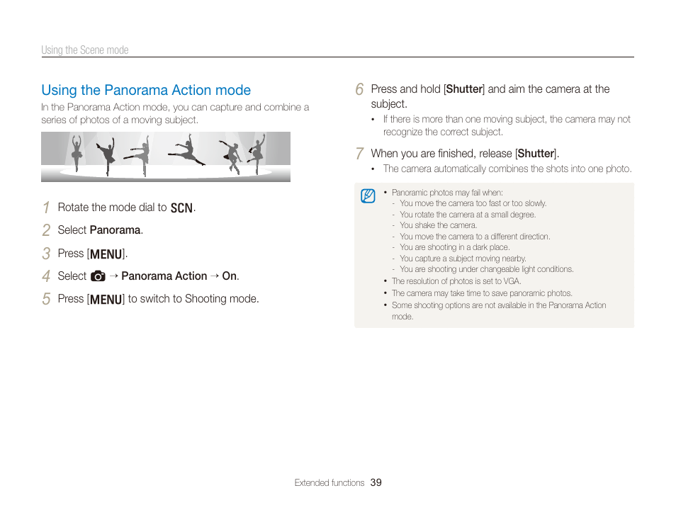 Using the panorama action mode, Using the panorama action mode ……………………… 39 | Samsung EC-TL350ZBPBUS User Manual | Page 40 / 133