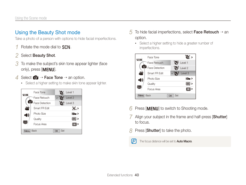 Using the beauty shot mode, Using the beauty shot mode …………………………… 40 | Samsung EC-TL350ZBPBUS User Manual | Page 41 / 133