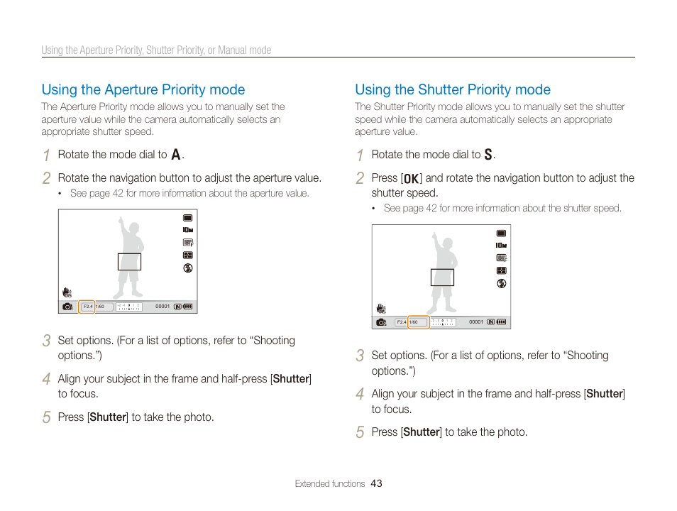 Using the aperture priority mode, Using the shutter priority mode, Using the aperture priority mode ……………………… 43 | Using the shutter priority mode ………………………… 43 | Samsung EC-TL350ZBPBUS User Manual | Page 44 / 133