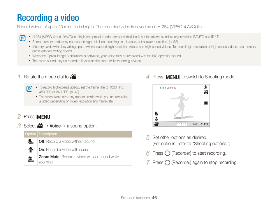 Recording a video | Samsung EC-TL350ZBPBUS User Manual | Page 47 / 133