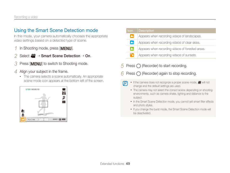 Using the smart scene detection mode, Using the smart scene detection mode ……………… 49 | Samsung EC-TL350ZBPBUS User Manual | Page 50 / 133