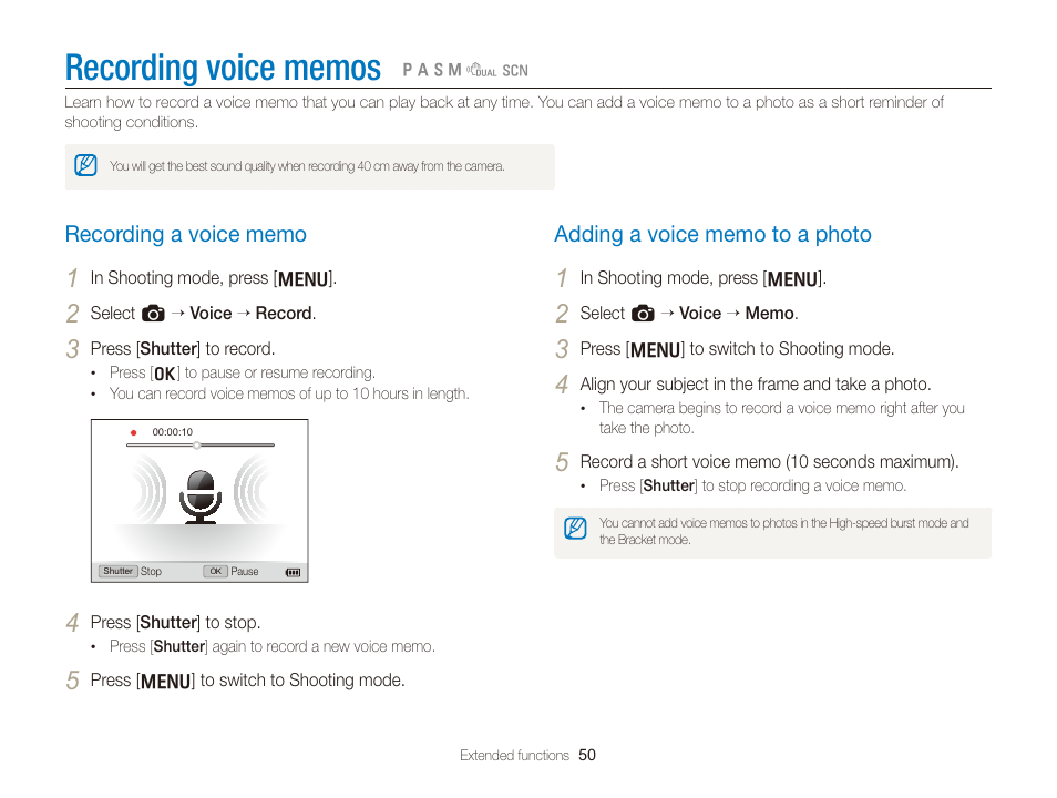 Recording voice memos, Recording a voice memo, Adding a voice memo to a photo | Recording a voice memo ……………………………… 50, Adding a voice memo to a photo ……………………… 50 | Samsung EC-TL350ZBPBUS User Manual | Page 51 / 133