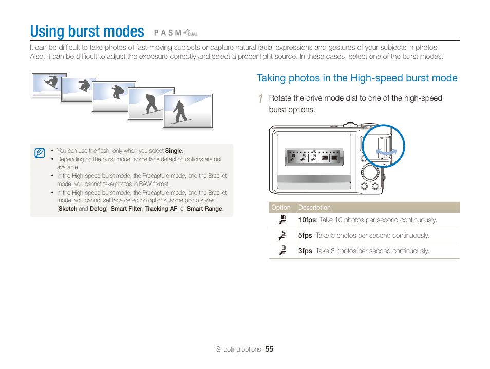 Using burst modes, Taking photos in the high-speed burst mode, Taking photos in the high-speed burst mode 55 | Samsung EC-TL350ZBPBUS User Manual | Page 56 / 133