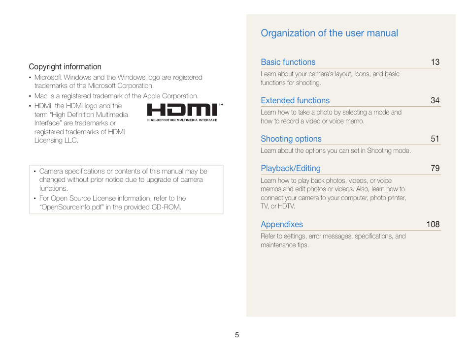 Organization of the user manual | Samsung EC-TL350ZBPBUS User Manual | Page 6 / 133