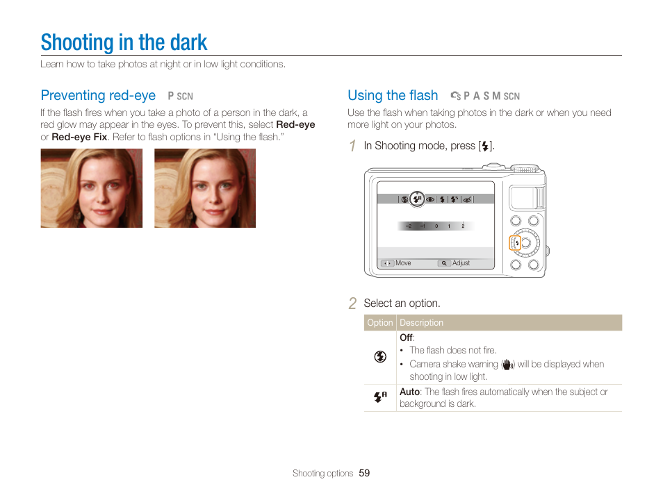 Shooting in the dark, Preventing red-eye, Using the flash | P. 59), Urn on the ﬂash. (p. 59), Using the ﬂash, Preventing red-eye …………………………… 59, Using the ﬂash ……………………………… 59 | Samsung EC-TL350ZBPBUS User Manual | Page 60 / 133