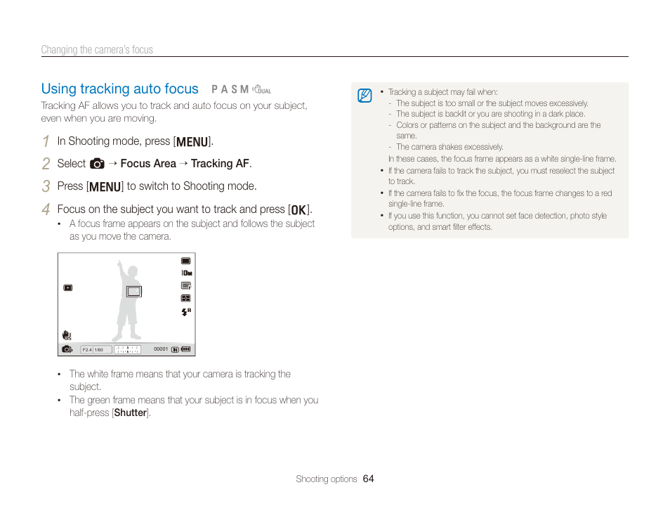 Using tracking auto focus, Using tracking auto focus …………………… 64 | Samsung EC-TL350ZBPBUS User Manual | Page 65 / 133