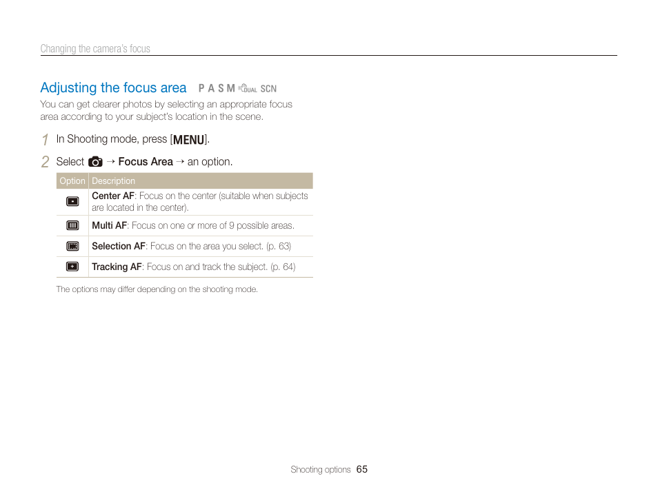 Adjusting the focus area, Adjusting the focus area ……………………… 65 | Samsung EC-TL350ZBPBUS User Manual | Page 66 / 133