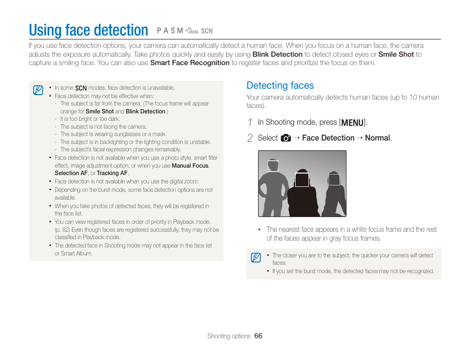 Using face detection, Detecting faces, Detecting faces ……………………………… 66 | Samsung EC-TL350ZBPBUS User Manual | Page 67 / 133