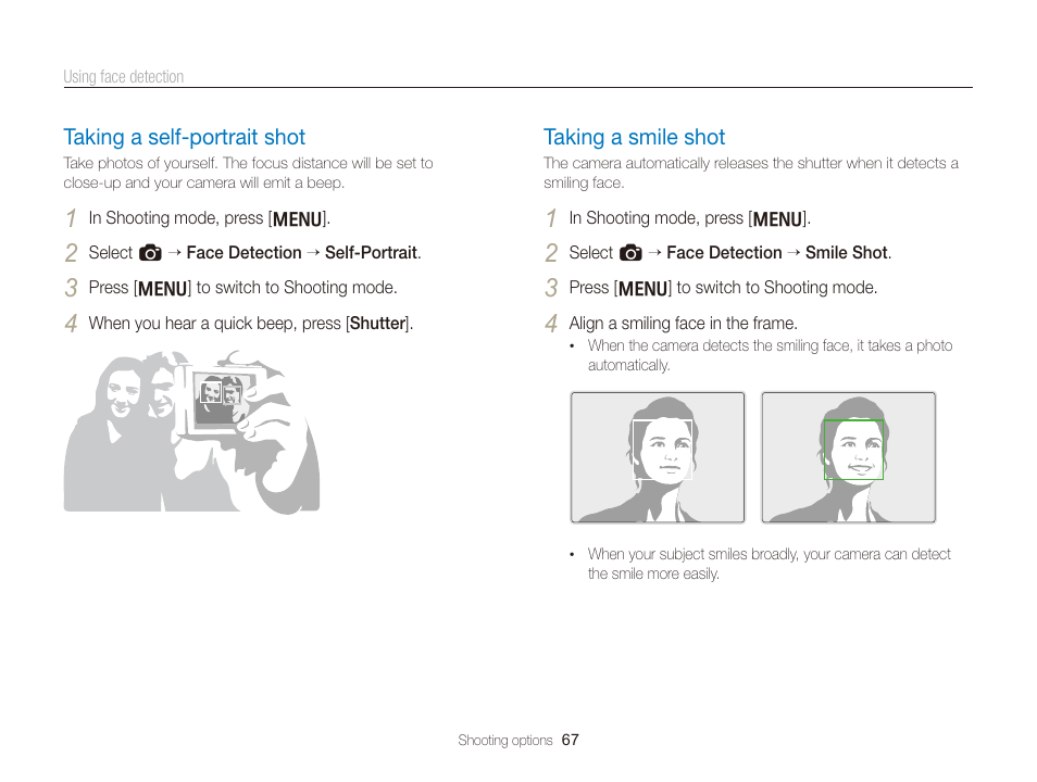Taking a self-portrait shot, Taking a smile shot, Taking a self-portrait shot …………………… 67 | Taking a smile shot …………………………… 67 | Samsung EC-TL350ZBPBUS User Manual | Page 68 / 133