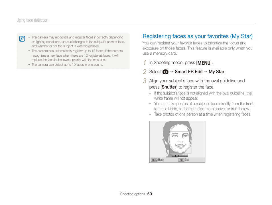 Registering faces as your favorites (my star), Registering faces as your favorites (my star) … 69 | Samsung EC-TL350ZBPBUS User Manual | Page 70 / 133