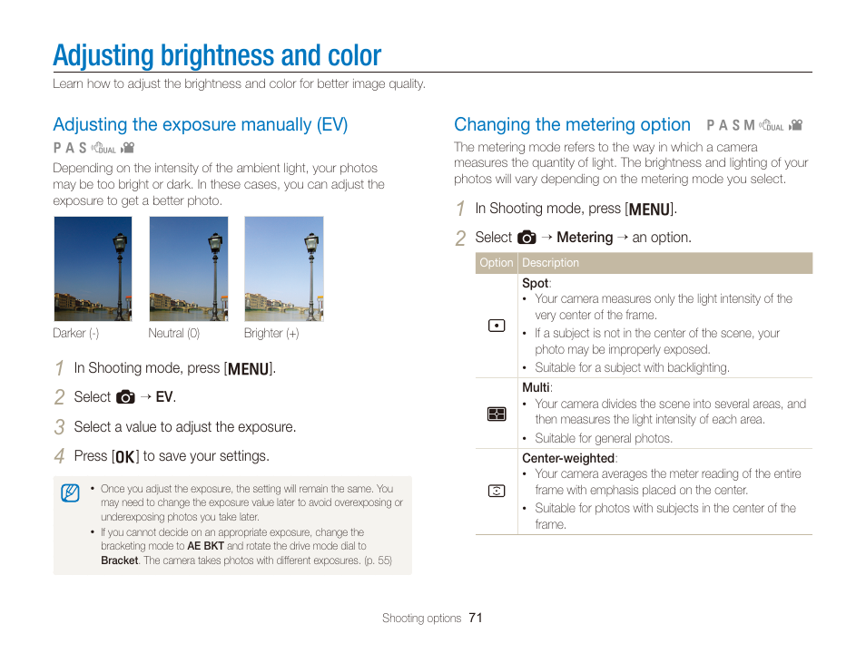 Adjusting brightness and color, Adjusting the exposure manually (ev), Changing the metering option | Adjust the exposure. (p. 71), Adjusting the exposure manually (ev) ……… 71, Changing the metering option ……………… 71 | Samsung EC-TL350ZBPBUS User Manual | Page 72 / 133