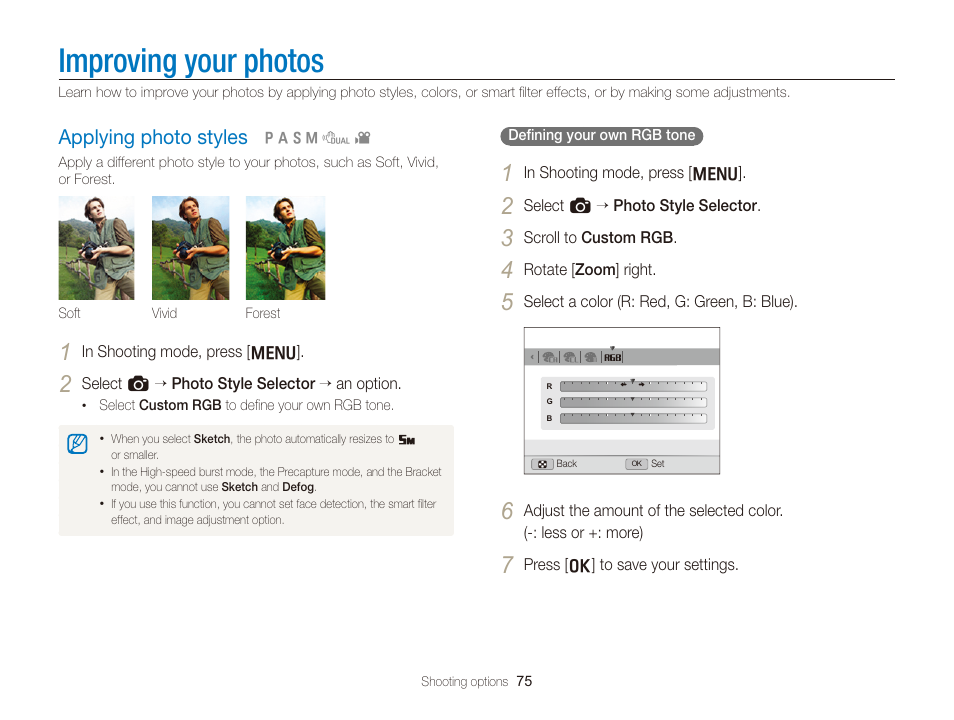 Improving your photos, Applying photo styles, Applying photo styles ………………………… 75 | Samsung EC-TL350ZBPBUS User Manual | Page 76 / 133