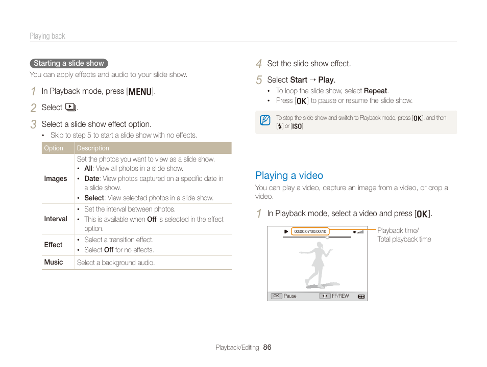 Playing a video, Playing a video ……………………………… 86 | Samsung EC-TL350ZBPBUS User Manual | Page 87 / 133