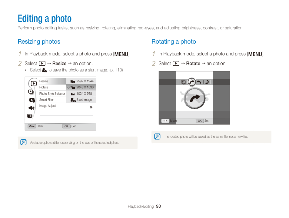 Editing a photo, Resizing photos, Rotating a photo | Resizing photos ……………………………… 90, Rotating a photo …………………………… 90 | Samsung EC-TL350ZBPBUS User Manual | Page 91 / 133