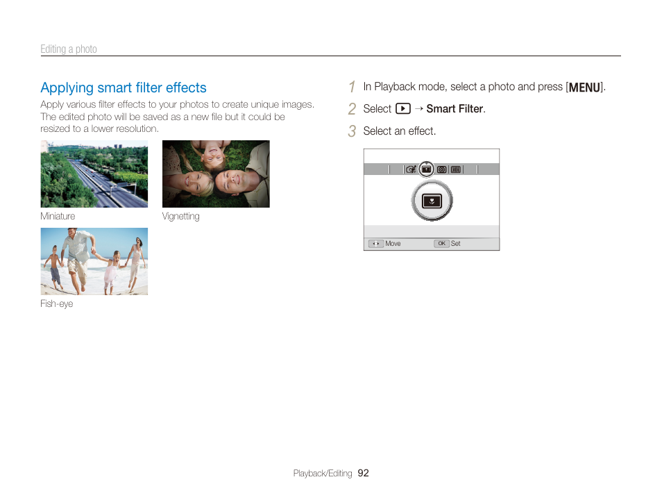 Applying smart filter effects, Applying smart ﬁlter effects, Applying smart ﬁlter effects ………………… 92 | Samsung EC-TL350ZBPBUS User Manual | Page 93 / 133