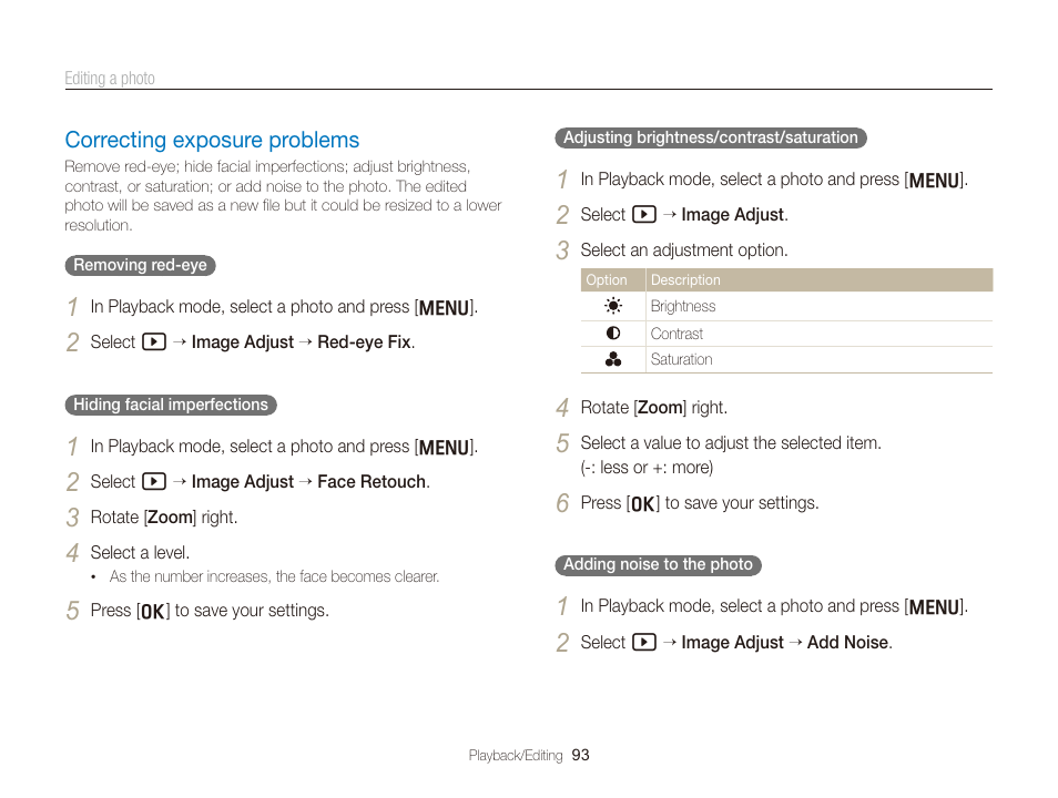 Correcting exposure problems, In the edit menu. (p. 93), Correcting exposure problems ……………… 93 | Samsung EC-TL350ZBPBUS User Manual | Page 94 / 133