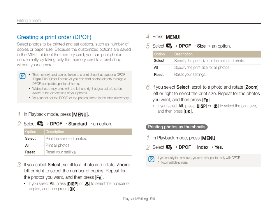 Creating a print order (dpof), Creating a print order (dpof) ………………… 94 | Samsung EC-TL350ZBPBUS User Manual | Page 95 / 133