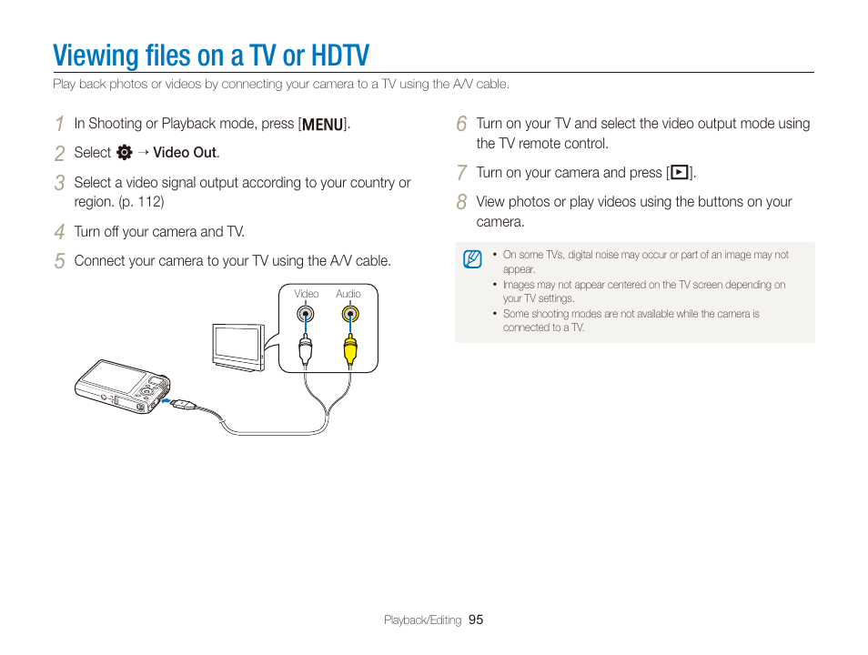 Viewing files on a tv or hdtv, Viewing ﬁles on a tv or hdtv | Samsung EC-TL350ZBPBUS User Manual | Page 96 / 133