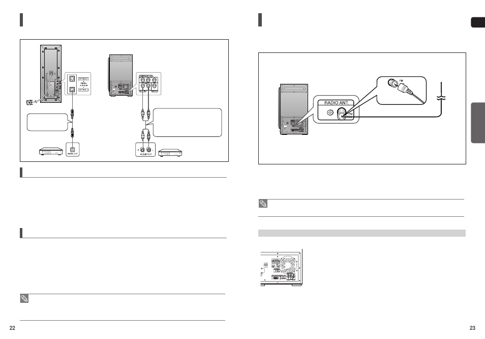 Connecting audio from external components, Connecting the fm antenna | Samsung HT-TXQ120T-XAA User Manual | Page 12 / 36