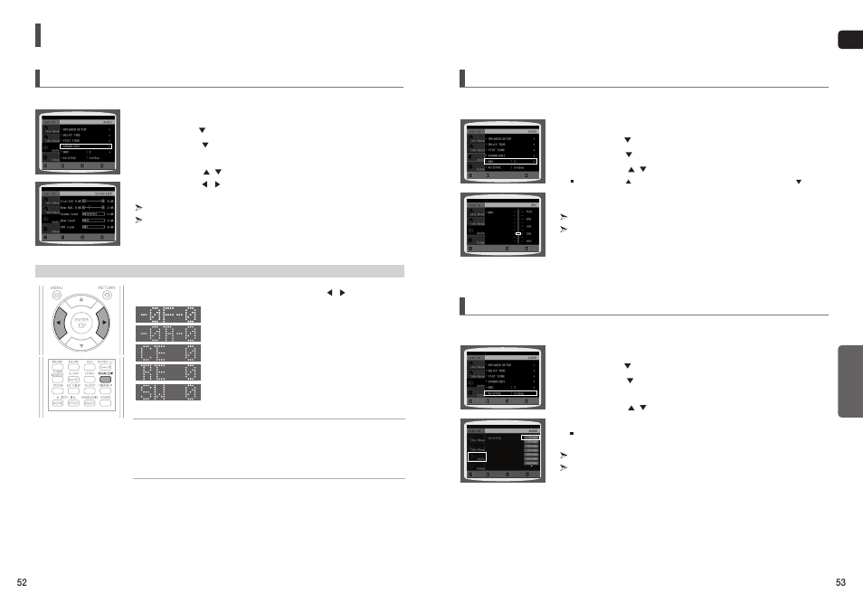 Settings, Con’t), Setting the audio | Setting the av sync, Setting the drc (dynamic range compression) | Samsung HT-TXQ120T-XAA User Manual | Page 27 / 36