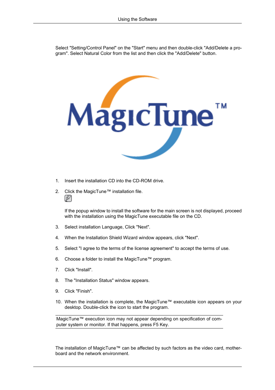 How to delete the natural color software program, Magictune, Installation | Installation problems | Samsung LS17CMNSFLZD User Manual | Page 26 / 81