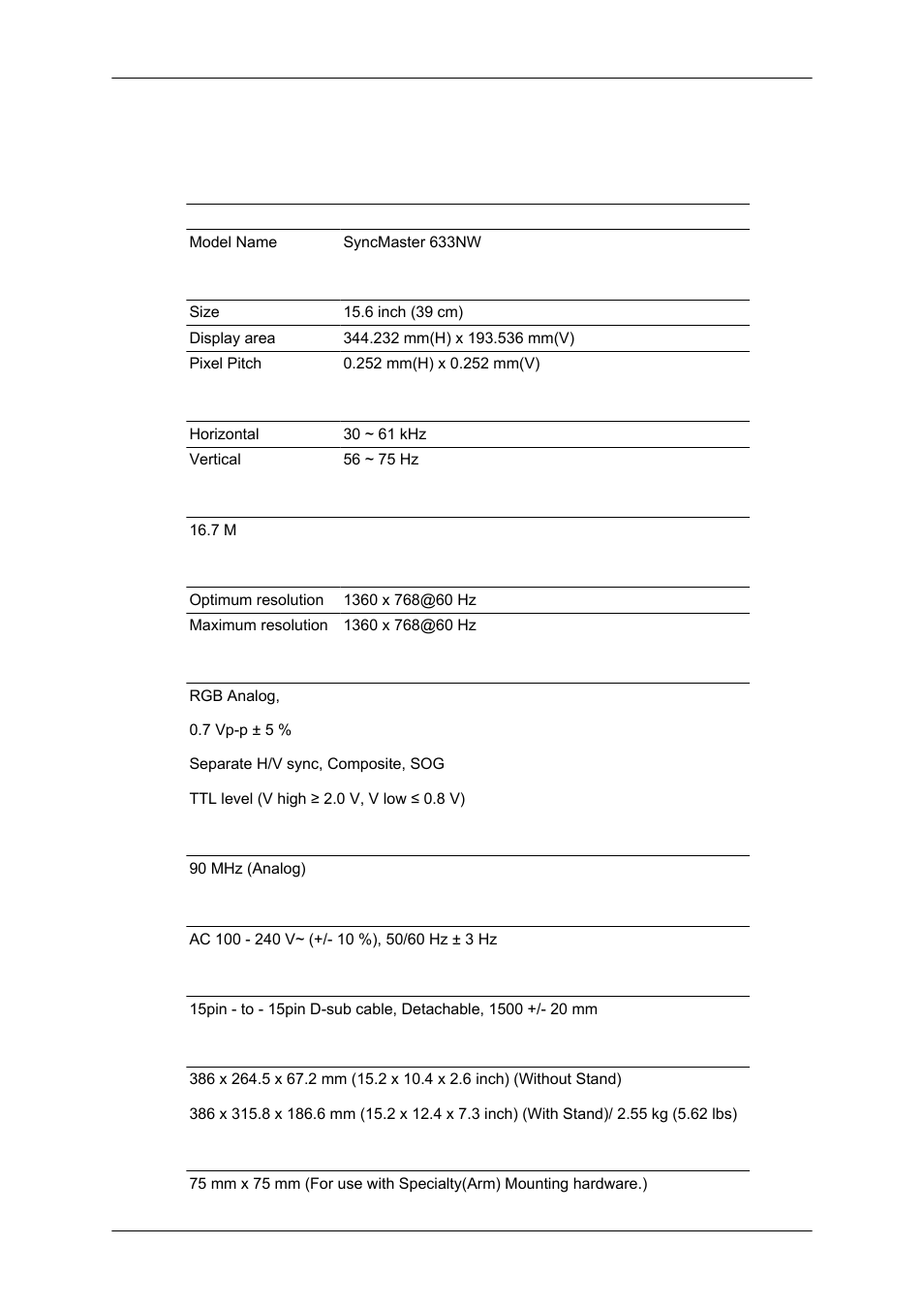 Specifications, General | Samsung LS17CMNSFLZD User Manual | Page 64 / 81