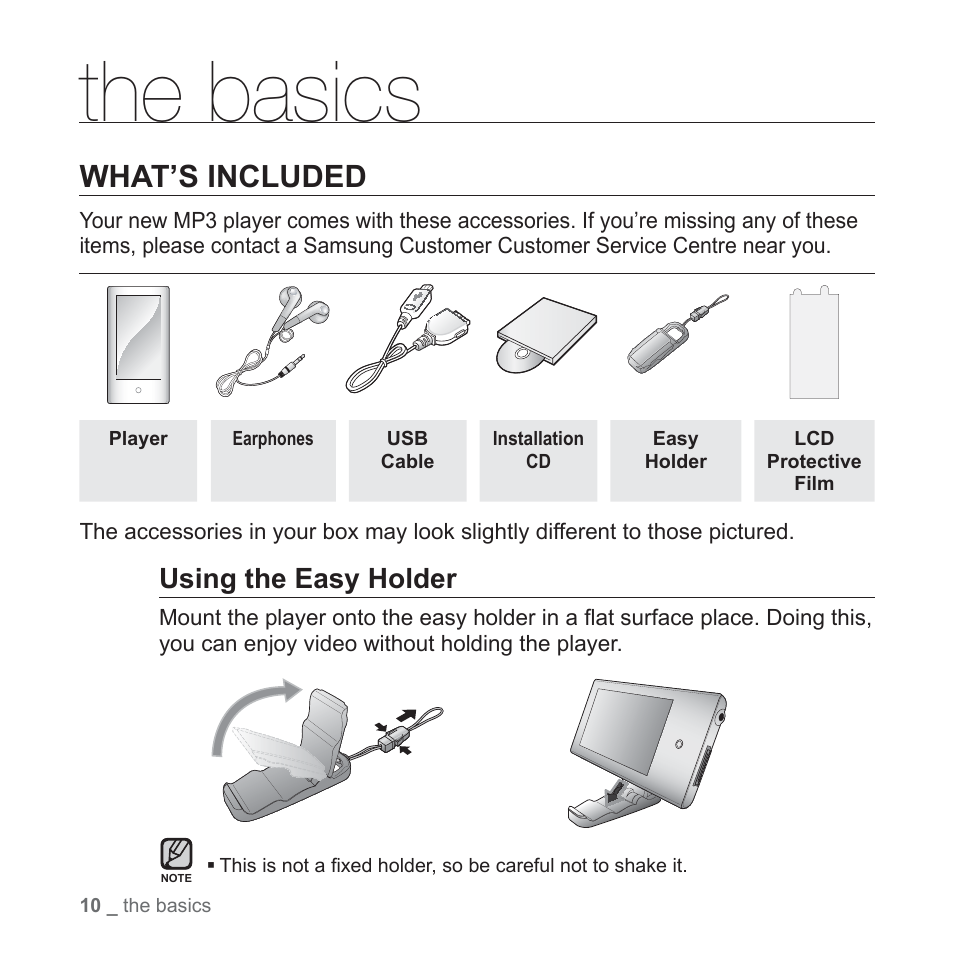 The basics, What’s included, Using the easy holder | Samsung YP-P2JCB-XAA User Manual | Page 10 / 138