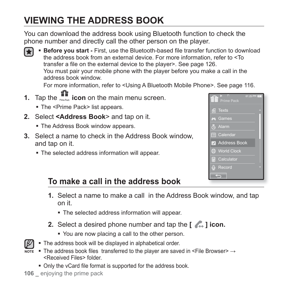 Viewing the address book | Samsung YP-P2JCB-XAA User Manual | Page 106 / 138