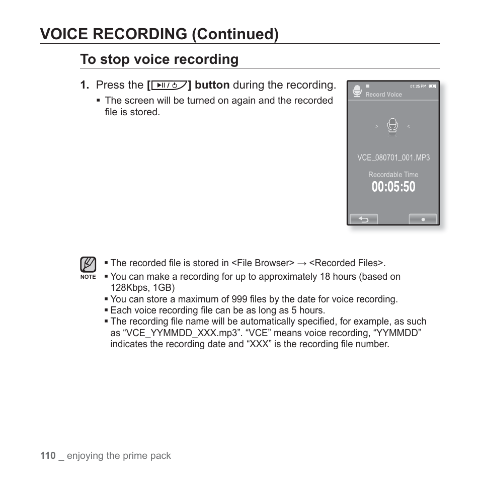 Voice recording (continued) | Samsung YP-P2JCB-XAA User Manual | Page 110 / 138