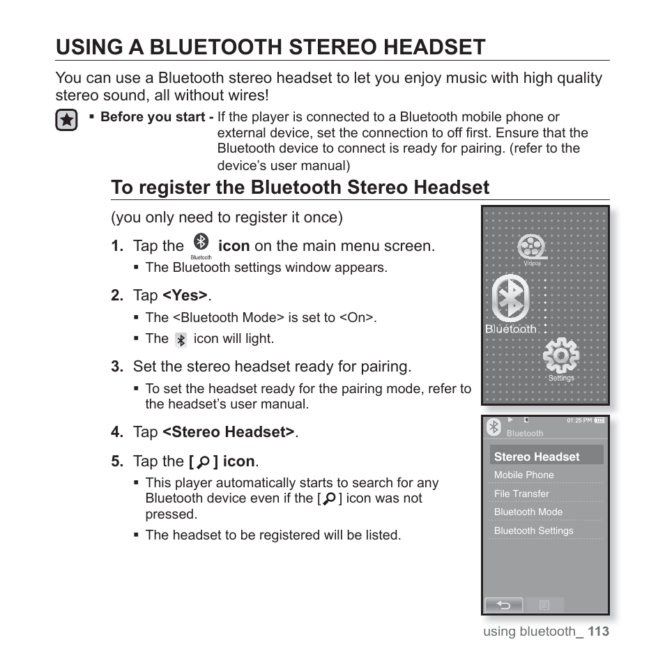 Using a bluetooth stereo headset | Samsung YP-P2JCB-XAA User Manual | Page 113 / 138