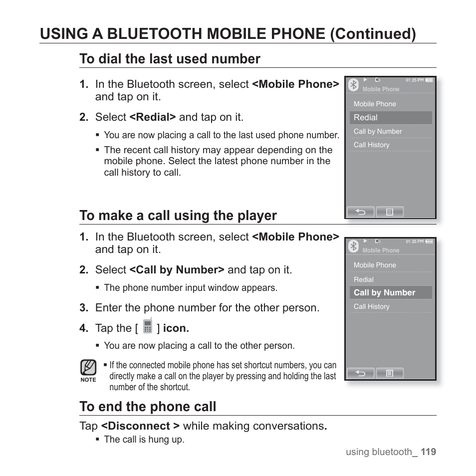 Using a bluetooth mobile phone (continued) | Samsung YP-P2JCB-XAA User Manual | Page 119 / 138