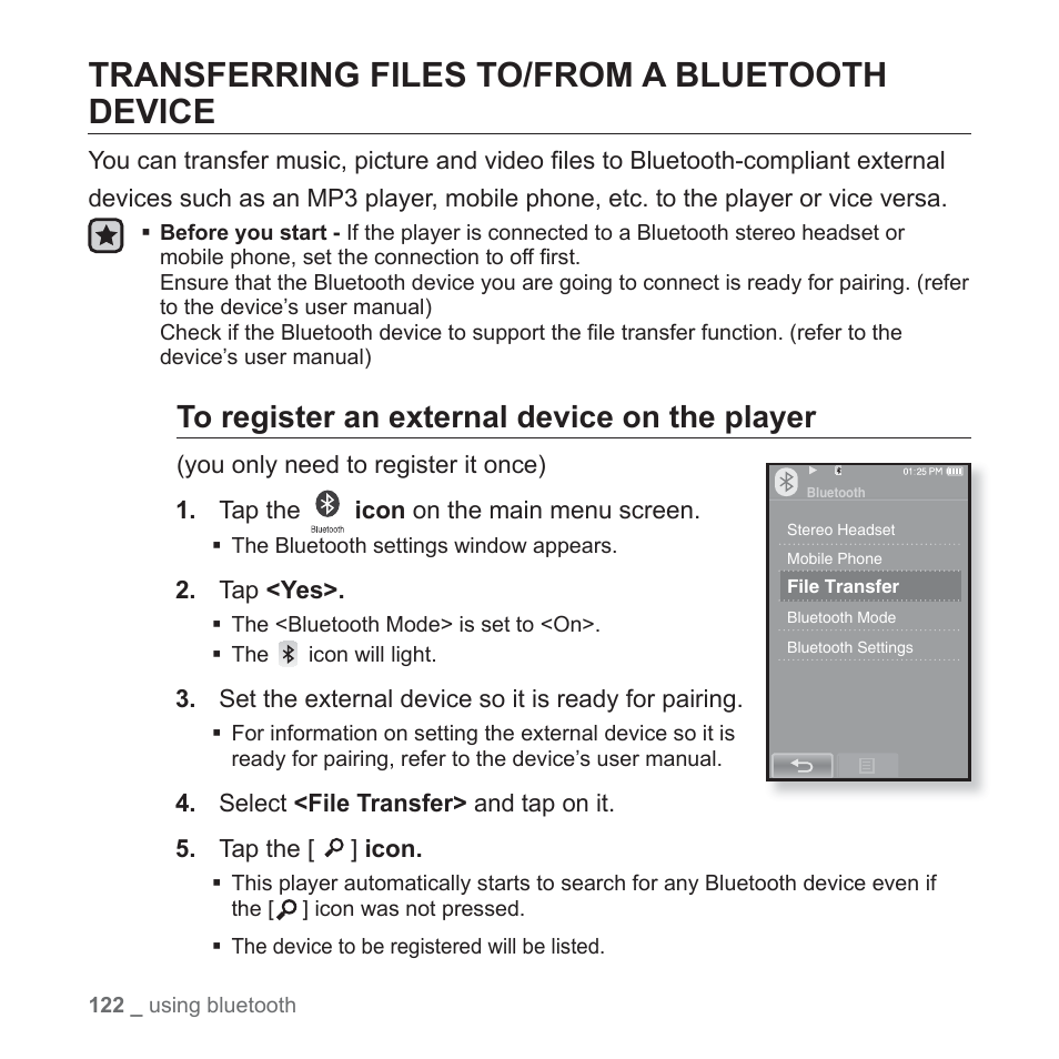 Transferring files to/from a bluetoothdevice, Transferring files to/from a bluetooth device | Samsung YP-P2JCB-XAA User Manual | Page 122 / 138