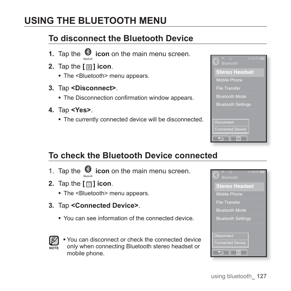 Using the bluetooth menu | Samsung YP-P2JCB-XAA User Manual | Page 127 / 138