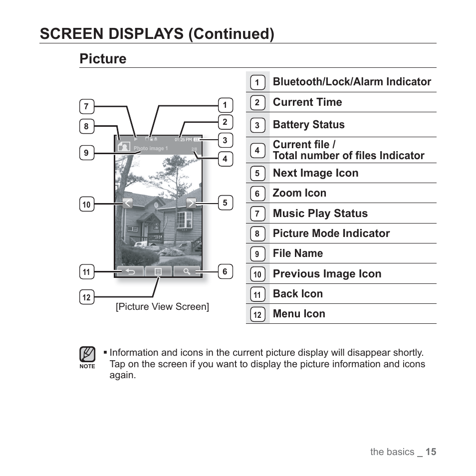 Screen displays (continued), Picture, Bluetooth/lock/alarm indicator | Current time, Battery status, Current fi le / total number of fi les indicator, Next image icon, Zoom icon, Music play status, Picture mode indicator | Samsung YP-P2JCB-XAA User Manual | Page 15 / 138