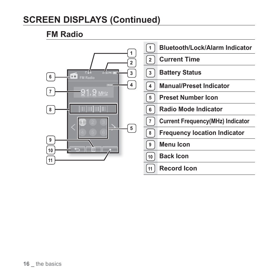 Screen displays (continued), Fm radio, Bluetooth/lock/alarm indicator | Current time, Battery status, Manual/preset indicator, Preset number icon, Radio mode indicator, Current frequency(mhz) indicator, Frequency location indicator | Samsung YP-P2JCB-XAA User Manual | Page 16 / 138