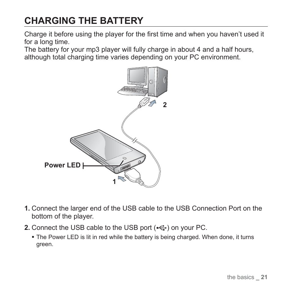 Charging the battery | Samsung YP-P2JCB-XAA User Manual | Page 21 / 138