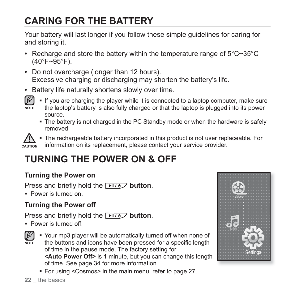 Caring for the battery, Turning the power on & off | Samsung YP-P2JCB-XAA User Manual | Page 22 / 138