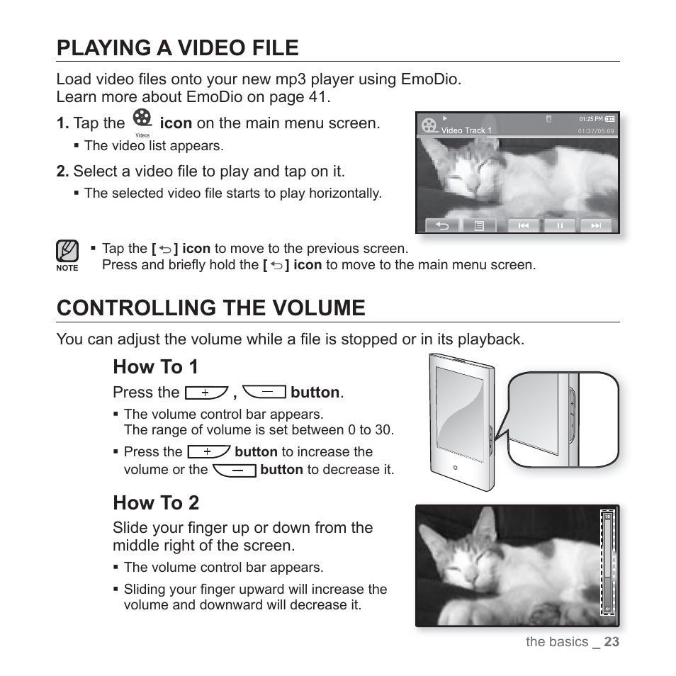 Playing a video file, Controlling the volume, How to 1 | How to 2 | Samsung YP-P2JCB-XAA User Manual | Page 23 / 138