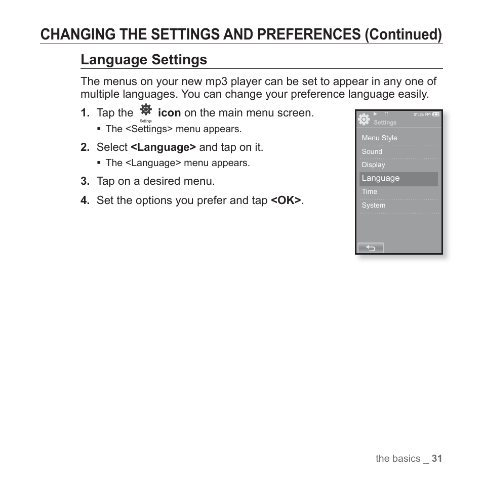 Changing the settings and preferences (continued), Language settings | Samsung YP-P2JCB-XAA User Manual | Page 31 / 138
