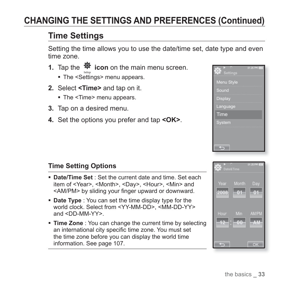 Changing the settings and preferences (continued), Time settings | Samsung YP-P2JCB-XAA User Manual | Page 33 / 138